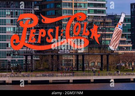 Pepsi Cola Sign - View to the iconic landmark of the Pepsi Cola Sign in Long Island City LIC during the late afternoon.   Also available as a black an Stock Photo