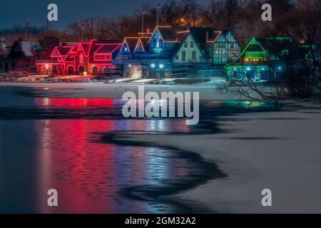 Boathouse Row Philly PA - in Philadelphia, Pennsylvania. Computerized LED lights illuminate and outline each of the houses at Boathouse Row in holiday Stock Photo