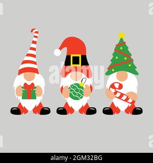 Christmas Gnomes with candy cane, gift, and ornament Stock Vector