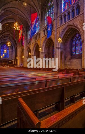 The Chapel At Princeton University - Interior rear view of the Collegiate Gothic architecture style chapel nave.  The Cathedral architectural type cha Stock Photo