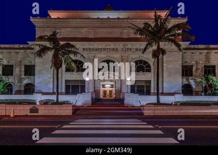 San Buenaventura City Hall CA-  Exterior front view to  the San Buenaventura City Hall also known as Ventura City Hall located in downtown Ventura in Stock Photo