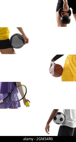 Composite image made of cropped images of differents sportsmen hands with balls. Volleyball, basketball, football and tennis Stock Photo