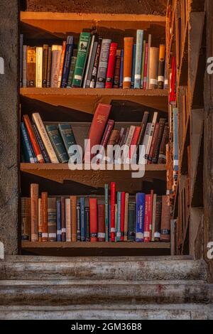 Castle Library Room Books - View to the ibookshelf with colorful books at Fonthill Castle Library Room in Doysletown, PA.  This image is also availabl Stock Photo