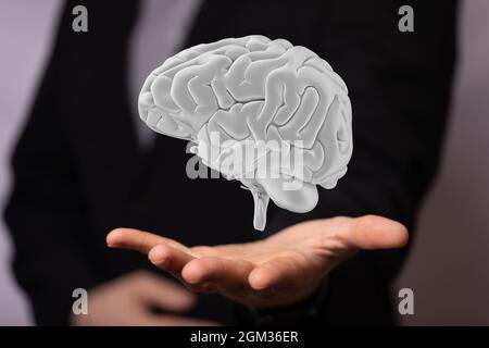 3d rendering of a human brain concept in a hand with a black suit as the background Stock Photo