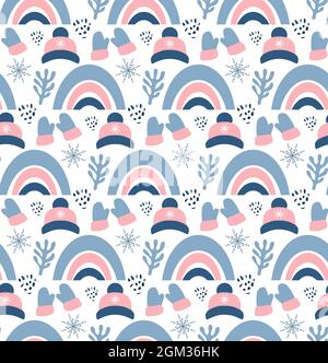 Christmas seamless pattern with mittens, hats, branches and snowflakes. Perfect for wallpaper, gift paper, pattern fills, textile, Christmas and New Stock Vector
