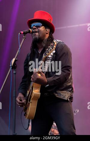 Peter Lee of The Dualers band performing at a music concert festival in Garon Park, Southend on Sea, Essex, UK Stock Photo