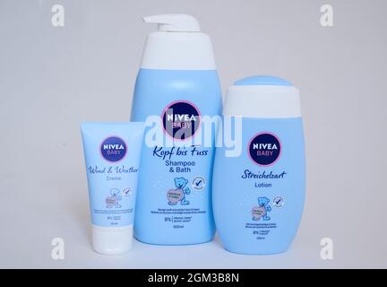 Berlin, Germany. 24th Aug, 2021. Different care products for babies from the manufacturer Nivea. Credit: Annette Riedl/dpa/Alamy Live News Stock Photo