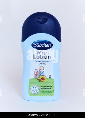 Berlin, Germany. 24th Aug, 2021. Lotion from the Bübchen product range for baby care. Credit: Annette Riedl/dpa/Alamy Live News Stock Photo