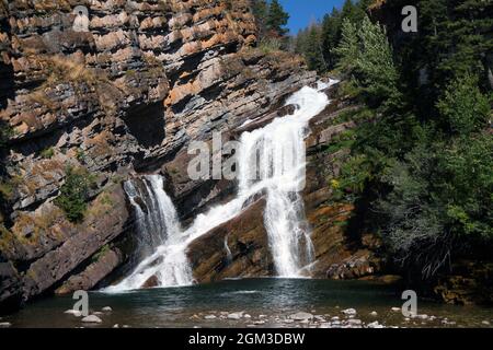 The falling water of Cameron Falls in Waterton Lakes National Park in Montana Stock Photo