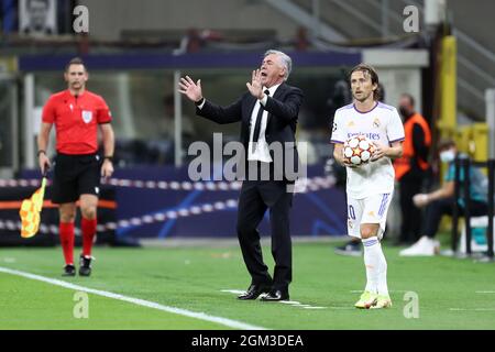 Carlo Ancelotti, head coach  of Real Madrid Cf  gestures during the Uefa Champions League Group D  match between FC Internazionale and Real Madrid Fc . Stock Photo