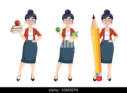 Happy Techer day. Cute female teacher cartoon character, set of three poses. Stock vector illustration isolated on white background Stock Vector