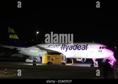 (210916) -- JEDDAH, Sept. 16, 2021 (Xinhua) -- Photo taken on Sept. 15, 2021 shows the Airbus A320neo jet received by Flyadeal at King Abdulaziz International Airport in Jeddah, Saudi Arabia. Flyadeal, a low-cost Saudi Arabian airline, officially inaugurated on Wednesday its latest Airbus A320neo jet, the third delivery in three months.   Flyadeal, mainly serving domestic destinations, is founded in 2017 and owned by Saudi flag carrier Saudia. It has started international operations between Riyadh and Dubai, United Arab Emirates since July. (Xinhua/Wang Haizhou) Stock Photo