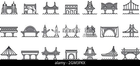 Bridges icons set. Outline set of bridges vector icons for web design isolated on white background Stock Vector