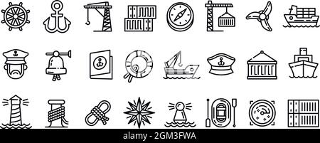 Marine port icons set. Outline set of marine port vector icons for web design isolated on white background Stock Vector