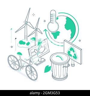 Ecology concept - green and black isometric line illustration. Waste sorting, energy saving idea. Global warming, sustainable transportation. Trash ca Stock Vector