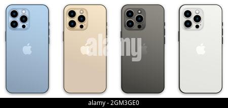 Vinnytsia, Ukraine - September 16, 2021. New iPhone 13 Pro in four color: Sierra Blue, Silver, Gold, and Graphite. Vector illustration Stock Vector