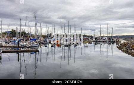 Scenic View of Marina with Sailboats on the Pacific Ocean Stock Photo