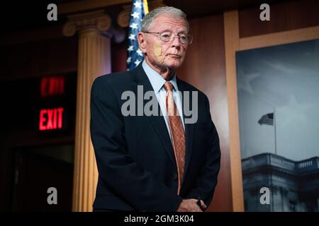 UNITED STATES - SEPTEMBER 14: Ranking member Sen. Jim Inhofe, R-Okla., conducts a news conference with Republican members of the Senate Armed Services Committee on Afghanistan in the U.S. Capitol on Tuesday, September 14, 2021. (Photo By Tom Williams/CQ Roll Call/Sipa USA)