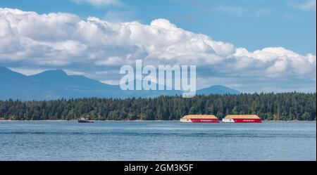 Industrial Tugboat pulling Seaspan Containers Stock Photo