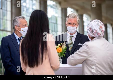 King Philippe - Filip of Belgium meets citizens at a royal reception for eight 'local heroes' nominated by the Be Heroes initiative, at the Royal Cast Stock Photo