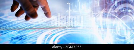 Business concept. Information technology and data processing. Hands over the screen graphic data. A modern software product in business. Stock Photo