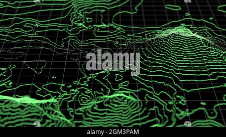 Fly over 3D glowing topographical map. Technological geographica big data futuristic concept 3d render illustration. Stock Photo