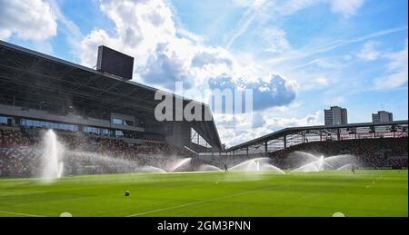 Watering the pitch at the Premier League match between Brentford and Brighton and Hove Albion  at the Brentford Community Stadium , London , UK - 11th September 2021 -  Editorial use only. No merchandising. For Football images FA and Premier League restrictions apply inc. no internet/mobile usage without FAPL license - for details contact Football Dataco
