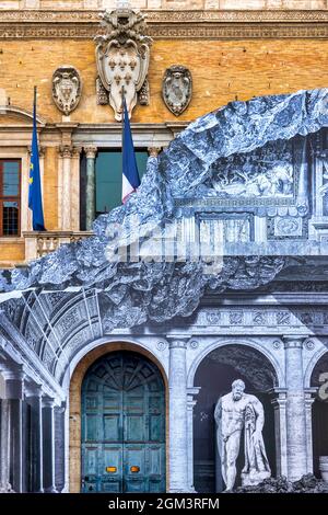 'Vanishing Point' by french street artist JR covers the facade of Palazzo Farnese, Rome, Italy Stock Photo