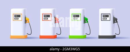 Set of gas station equipment, white 3d render illustration with colorful gas guns, digital icon render style Stock Vector