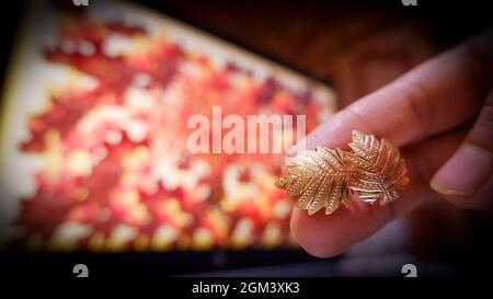 Hand holding gold leaves with blurred orange leaves of autumn season in background Stock Photo