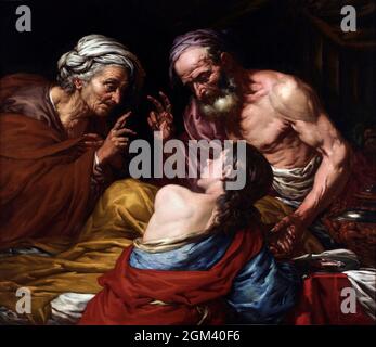 Isaac Blesses Jacob by Giovanni Battista Langetti (1625–1676), oil on canvas, late 17th century Stock Photo