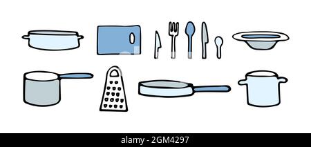 Colored set of vector illustrations of plates and mugs, knives and spoons, forks and cutting board, pots and pans, graters. Stock Vector
