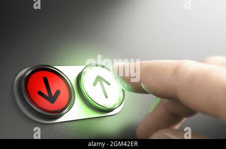 Man pressing a green button with an arrow on a simple board. Composite image between a hand photography and a 3D background. Stock Photo