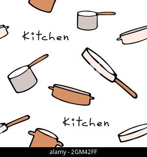 Pattern with kitchen utensils on a white background and lettering Kitchen. Frying pan, ladle, saucepan, cauldron, wok. Stock Vector