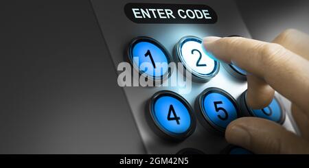 Man entering code on a board with blue buttons. Composite image between a hand photography and a 3D background. Stock Photo