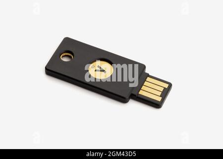 Galicia, Spain; september 16, 2021: Yubikey 5 isolated on white background. Yubikey is a hardware authentication device manufactured by Yubico to prot Stock Photo