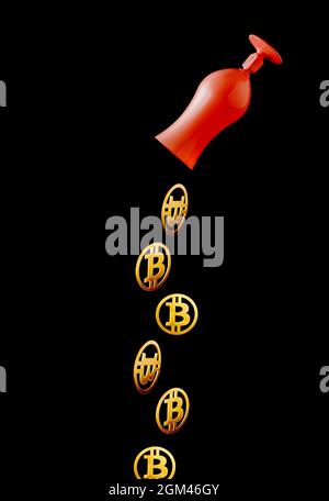 Bitcoins falling from the wine glass against black background. Wallpaper of cryptocurrency bitcoin. Mining or blockchain technology for cryptocurrency Stock Photo