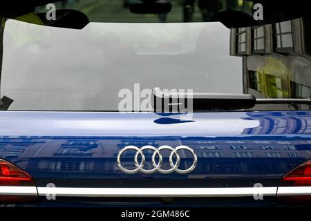 London, England - August 2021: Close up view of the badge on the rear of a Audi car Stock Photo