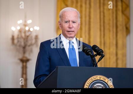 Washington, United States. 16th Sep, 2021. President Joe Biden delivers remarks on the economy in the East Room of the White House in Washington, DC on Thursday, September 16, 2021. Photo by Sarah Silbiger/Pool/Sipa USA Credit: Sipa USA/Alamy Live News Stock Photo