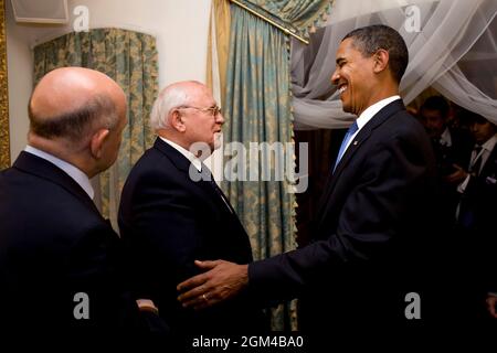 President Barack Obama meets with former Russian President Mikhail Gorbachev in Gostinny Dvor, Russia, Tuesday, July 7, 2009.  (Official White House Photo by Pete Souza)  This official White House photograph is being made available for publication by news organizations and/or for personal use printing by the subject(s) of the photograph. The photograph may not be manipulated in any way or used in materials, advertisements, products, or promotions that in any way suggest approval or endorsement of the President, the First Family, or the White House. Stock Photo