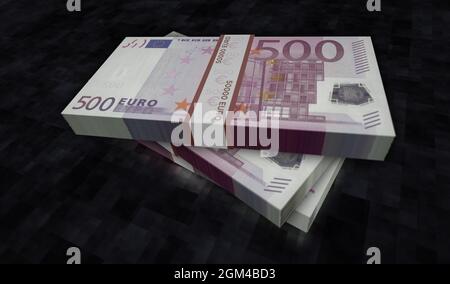 Euro money pack 3d illustration. 500 EUR banknote bundle stacks. Concept of finance, cash, economy crisis, business success, recession, bank, tax and Stock Photo