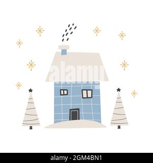 Cute winter house background. Flat vector illustration in trendy style Stock Vector