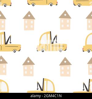 Children's pattern with cars. Cars. Transport. Vector hand-drawn color seamless repeating children simple pattern with cars and lettering, in Scandina Stock Vector