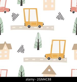 Cute city map with roads and transport. Vector seamless pattern. Childish hand-drawn scandinavian style. For nursery room, textile, wallpaper, packagi Stock Vector