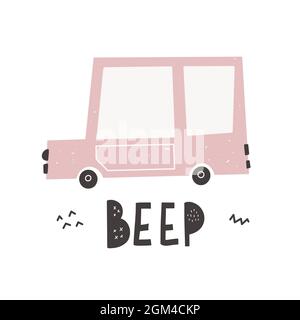 Vector hand-drawn color children's illustration, poster, print with a cute car and lettering beep in Scandinavian style on a white background. Buildin Stock Vector