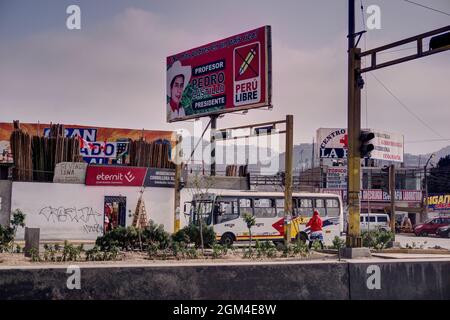 Lima, Peru - July, 27, 2021: Billboard for Pedro Castillo seeking votes prior to elections Stock Photo