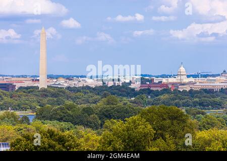 Skyline of Washington DC including the Washington Monument, and the Capitol. Stock Photo