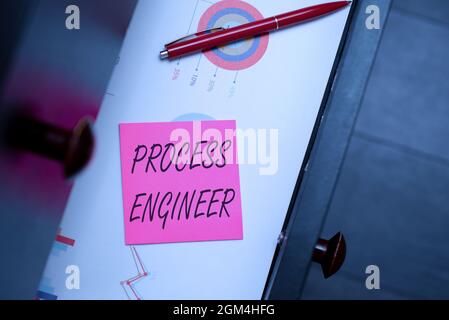 Text caption presenting Process Engineer. Word Written on responsible for developing new industrial processes Thinking New Bright Ideas Renewing Stock Photo
