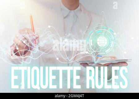Text caption presenting Etiquette Rules. Conceptual photo customs that control accepted behaviour in social groups Lady In Uniform Using Futuristic Stock Photo