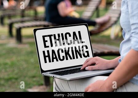 Sign displaying Ethical Hacking. Internet Concept act of locating weaknesses and vulnerabilities of computer Online Jobs And Working Remotely Stock Photo